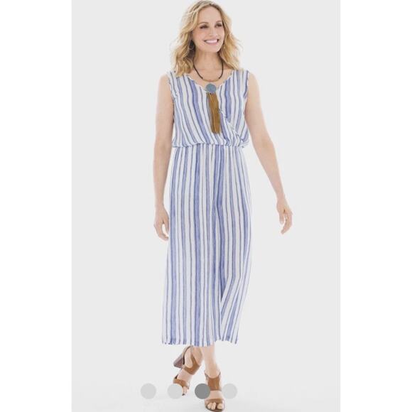 Chicos Gaucho Two Piece Jumpsuit 1.5 10 Navy Blue White Stripe Wide Leg Blouse - Picture 2 of 10
